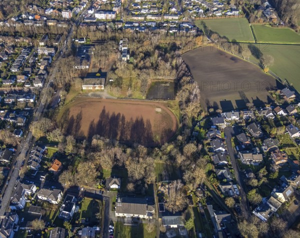 Aerial view sports ground at Bismarckstraße and former Gerhart-Hauptmann-Realschule in Dorsten in the Ruhr area in North Rhine-Westphalia, Germany, education, educational institution, DE, Germany, Dorsten, Europe, educational institute, aerial view, aerial photograph, aerial photography, aerial photography, North Rhine-Westphalia, Realschule, Ruhr area, school, overview, bird's eye view, birds-eyes view, former school, overview
