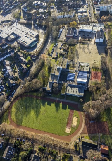 Aerial view of the sports field at the St. Ursula Realschule and Agathaschule in Dorsten in the Ruhr area in North Rhine-Westphalia, Germany, education, educational institution, DE, Germany, Dorsten, Europe, football pitch, teaching institute, athletics stadium, aerial view, aerial photograph, aerial photography, aerial photography, Nonnenkamp, North Rhine-Westphalia, secondary school, Ruhr area, school, sport, sports facilities, sports field, sports facility, overview, bird's eye view, bird's eye view, overview