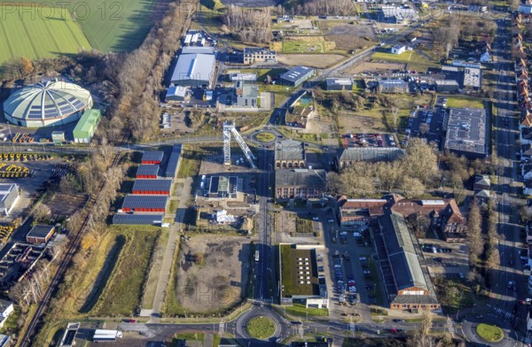 Aerial view of the CreativQuartier Fürst Leopold on the former site of the Fürst Leopold colliery in Halterner Straße in Dorsten in the Ruhr area in North Rhine-Westphalia, Germany, DE, Germany, Dorsten, Europe, winding tower, aerial view, aerial photograph, aerial photography, aerial photography, North Rhine-Westphalia, Ruhr area, overview, bird's eye view, colliery, birds-eyes view, former colliery, overview