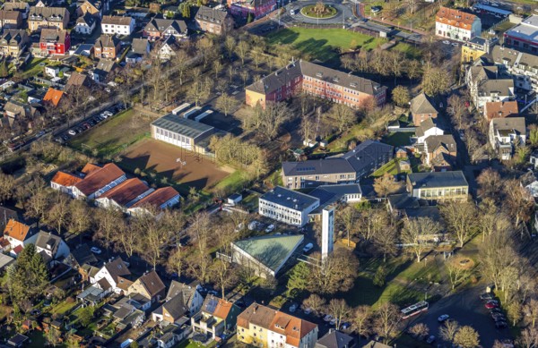 Aerial view Augustaschule in der Halterner Straße und evang. Kreuzkirche in Dorsten im Ruhr Area in North Rhine-Westphalia, Germany, An der Landwehr, place of worship, education, educational institution, DE, Germany, Dorsten, Europe, religious community, place of worship, primary schools, holy place, church, parish, denomination, educational institute, aerial view, aerial photograph, aerial photography, aerial photography, North Rhine-Westphalia, religion, religious site, Ruhr area, school, overview, bird's eye view, birds-eyes view, overview