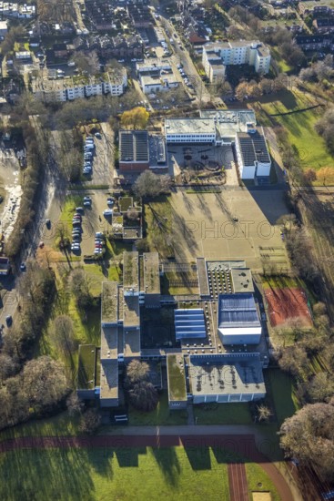 Aerial view of the sports field at the St. Ursula Realschule and Agathaschule in Dorsten in the Ruhr area in North Rhine-Westphalia, Germany, education, educational institution, DE, Germany, Dorsten, Europe, football pitch, teaching institute, athletics stadium, aerial view, aerial photograph, aerial photography, aerial photography, Nonnenkamp, North Rhine-Westphalia, secondary school, Ruhr area, school, sport, sports facilities, sports field, sports facility, overview, bird's eye view, bird's eye view, overview