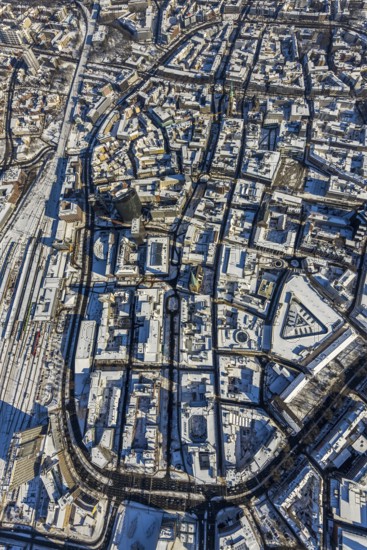 Aerial view, city centre, Wallring, Thier-Galerie, city, Dortmund, Ruhr area, North Rhine-Westphalia, Germany, DE, Europe, aerial photography, aerial photography, aerial photography, RWE Tower, snow, city view, city area, city centre, Thier-Galerie Dortmund, overview, bird's-eye view, winter, onset of winter, winter landscape, birds-eyes view, overview