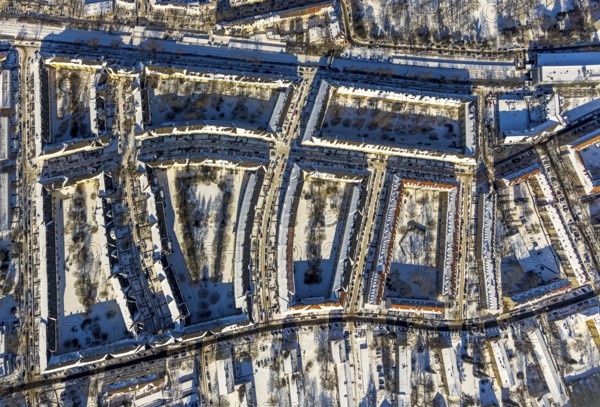Aerial view, residential area Rheinische Straße, Althoffblock in the snow, Dorstfelder Brücke, Dortmund, Ruhr area, North Rhine-Westphalia, Germany, DE, Europe, property tax, real estate, aerial view, aerial photography, aerial photography, snow, overview, bird's-eye view, winter, onset of winter, winter landscape, residential complex, living and living, residential area, residential buildings, residential quality, residential neighbourhood, housing estate, birds-eyes view, overview, perimeter block development