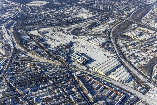 Aerial view, Union Gewerbehof GmbH, Rheinische Straße, ZukunftsCampus, Dorstfelder Brücke, Dortmund, Ruhr area, North Rhine-Westphalia, Germany, DE, Europe, commercial enterprises, commercial space, commercial area, commercial location, commercial use, industrial area, industrial location, aerial photograph, aerial photography, aerial photography, snow, overview, bird's eye view, winter, winter slump, winter landscape, birds-eyes view, overview, old supply office, former headquarters of the Union plant