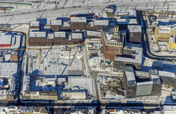 Aerial view, Dortmunder U, Centre for Art and Creativity, Robert-Bosch-Berufskolleg, Robert-Schuman-Berufskolleg, vocational school in the snow, Dorstfelder Brücke, Dortmund, Ruhr area, North Rhine-Westphalia, Germany, DE, Europe, culture, art, aerial view, aerial photography, aerial photography, snow, overview, events, event location, event centre, bird's eye view, winter, onset of winter, winter landscape, birds-eyes view, cultural use, overview