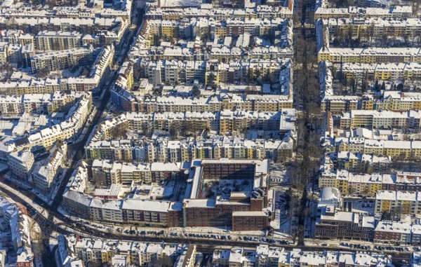 Aerial view, city centre, residential buildings Hohe Straße, Landgrafenstraße, Westfalenhalle, Dortmund, Ruhr area, North Rhine-Westphalia, Germany, City, DE, Europe, property tax, real estate, aerial view, aerial photography, aerial photography, snow, city view, city area, city centre, overview, bird's eye view, winter, winter slump, winter landscape, residential complex, living and life, residential area, residential buildings, residential quality, residential quarter, housing estate, birds-eyes view, overview, perimeter block development