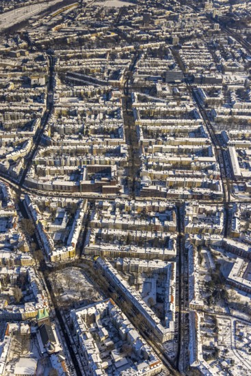 Aerial view, city centre, residential buildings, Hohe Straße, Landgrafenstraße, Westfalenhalle, Dortmund, Ruhr area, North Rhine-Westphalia, Germany, City, DE, Europe, property tax, real estate, aerial view, aerial photography, aerial photography, snow, city view, city area, city centre, overview, bird's eye view, winter, winter slump, winter landscape, residential complex, living and life, residential area, residential quality, residential quarter, housing estate, birds-eyes view, overview, perimeter block development