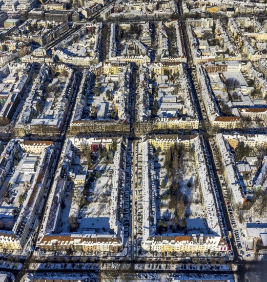 Aerial view, city centre, residential buildings, Hohe Straße, Landgrafenstraße, Ruhrallee, Dortmund, Ruhr area, North Rhine-Westphalia, Germany, City, DE, Europe, property tax, real estate, aerial view, aerial photography, aerial photography, snow, city view, city area, city centre, overview, bird's eye view, winter, winter slump, winter landscape, residential complex, living and life, residential area, residential quality, residential quarter, housing estate, birds-eyes view, overview, perimeter block development