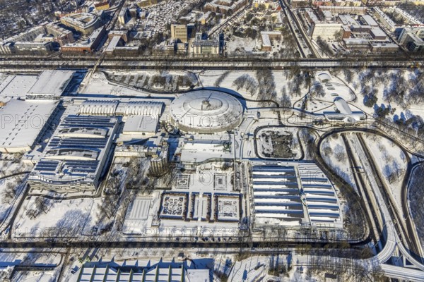 Aerial view, Westfalenhalle, Dortmund, Ruhr area, North Rhine-Westphalia, Germany, DE, Europe, aerial view, aerial photography, aerial photography, snow, overview, bird's eye view, winter, onset of winter, winter landscape, birds-eyes view, overview