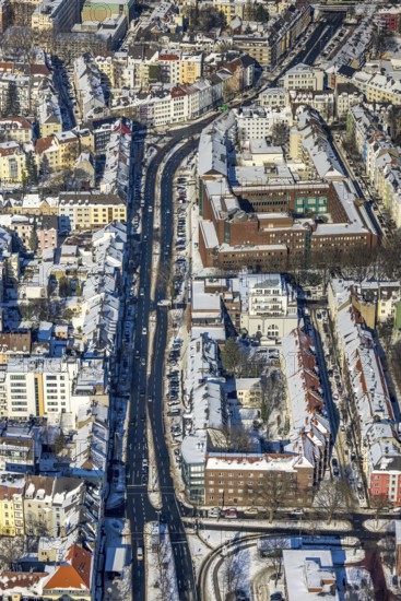 Aerial view, city centre, Hohe Straße, Ruhrallee, Dortmund, Ruhr area, North Rhine-Westphalia, Germany, federal road B54, City, Continentale Versicherungsverbund, DE, Europe, property tax, real estate, aerial view, aerial photography, aerial photography, snow, city view, city area, city centre, overview, bird's eye view, winter, winter slump, winter landscape, residential area, living and life, residential area, residential buildings, residential quality, residential quarter, housing estate, birds-eyes view, overview