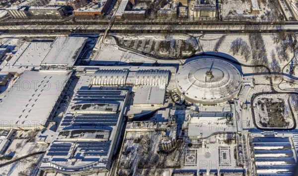 Aerial view, Westfalenhalle, Dortmund, Ruhr area, North Rhine-Westphalia, Germany, DE, Europe, aerial view, aerial photography, aerial photography, snow, overview, bird's eye view, winter, onset of winter, winter landscape, birds-eyes view, overview