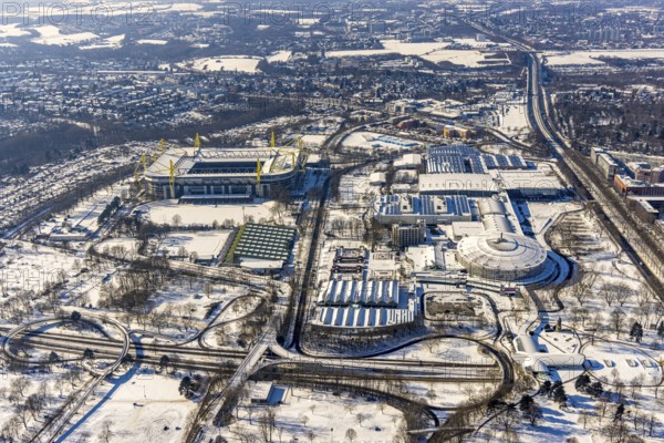 Aerial view, BVB stadium Signal Iduna Park, Westfalenhalle, Dortmund, Ruhr area, North Rhine-Westphalia, Germany, Bundesliga stadium, DE, Europe, aerial view, aerial photography, aerial photography, snow, overview, bird's-eye view, winter, onset of winter, winter landscape, birds-eyes view, overview