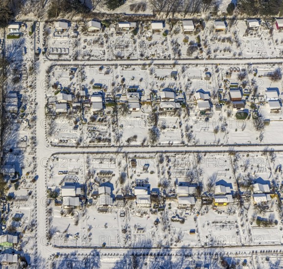 Aerial view, Buschmühle Westfalenpark, Gartenverein Am Neuen Hain, Ruhrallee, Dortmund, Ruhr area, North Rhine-Westphalia, Germany, DE, Europe, community garden, allotment garden, allotment garden site, allotment garden association, aerial view, aerial photography, aerial photography, snow, allotment garden, overview, administration building, bird's-eye view, winter, onset of winter, winter landscape, birds-eyes view, overview