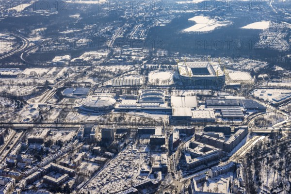 Aerial view, BVB stadium Signal Iduna Park, building complex Berswordt-Quartier, Westfalenhalle, Dortmund, Ruhr area, North Rhine-Westphalia, Germany, Bundesliga stadium, DE, Europe, Dortmund University of Applied Sciences and Arts - Department of Design, aerial photography, aerial photography, aerial photography, snow, overview, bird's-eye view, winter, onset of winter, winter landscape, birds-eyes view, overview