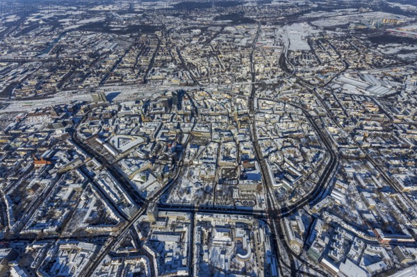 Aerial view, city centre, Wallring, central station, city, Dortmund, Ruhr area, North Rhine-Westphalia, Germany, railway tracks, railway station, DE, Deutsche Bahn AG, Europe, railway tracks, main station, aerial view, aerial photography, aerial photography, RWE Tower, snow, city view, city area, city centre, Thier-Galerie Dortmund, overview, bird's-eye view, winter, onset of winter, winter landscape, birds-eyes view, overview