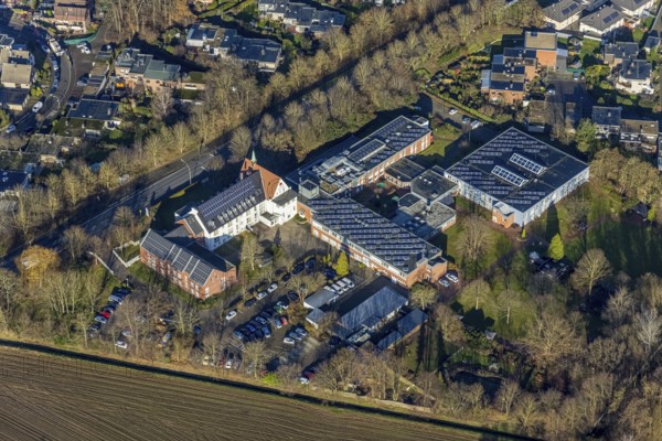Aerial view of the retirement and nursing home St. Anna with solar panels in the Kirchhellener Allee in Dorsten in the Ruhr area in North Rhine-Westphalia, Germany, retirement home, nursing home, care and nursing, DE, Dorsten, Europe, aerial view, aerial photograph, aerial photography, aerial photography, North Rhine-Westphalia, care facility, photovoltaic, photovoltaic system, Ruhr area, retirement home, retirement residence, retirement home, retirement centre, solar, solar system, solar energy, solar energy, overview, bird's eye view, birds-eyes view, overview