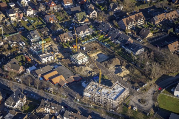 Aerial view of the former Rexforth garden centre with a construction site and new development area in Bochumer Straße in Dorsten in the Ruhr area in North Rhine-Westphalia, Germany, demolition work, construction work, building, construction area, building site, building plots, construction project, construction site, DE, Germany, Dorsten, Europe, aerial view, aerial photograph, aerial photography, aerial photography, new construction, North Rhine-Westphalia, Ruhr area, overview, bird's-eye view, bird's-eye view, overview