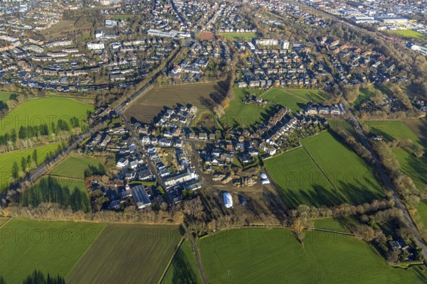 Aerial view of a construction site with residential development Auf dem Beerenkamp / Schwickingsfeld in Dorsten in the Ruhr area in North Rhine-Westphalia, Germany, construction work, construction, construction area, building site, building plots, construction project, construction site, DE, Dorsten, Europe, property tax, real estate, aerial view, aerial photograph, aerial photography, aerial photography, new construction, North Rhine-Westphalia, Ruhr area, overview, bird's-eye view, residential complex, living and living, residential area, residential buildings, residential quality, residential neighbourhood, housing estate, birds-eyes view, overview