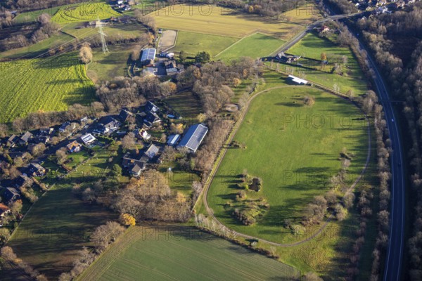 Aerial view in the district Östrich in Dorsten in the Ruhr area in North Rhine-Westphalia, Germany, DE, Germany, Dorsten, Europe, aerial view, aerial photograph, aerial photography, aerial photography, North Rhine-Westphalia, Ruhr area, overview, bird's eye view, meadows and fields, birds-eyes view, overview