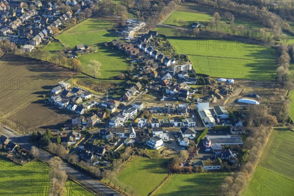Aerial view of a construction site with residential development Auf dem Beerenkamp / Schwickingsfeld in Dorsten in the Ruhr area in North Rhine-Westphalia, Germany, construction work, construction, construction area, building site, building plots, construction project, construction site, DE, Dorsten, Europe, property tax, real estate, aerial view, aerial photograph, aerial photography, aerial photography, new construction, North Rhine-Westphalia, Ruhr area, overview, bird's-eye view, residential complex, living and living, residential area, residential buildings, residential quality, residential neighbourhood, housing estate, birds-eyes view, overview