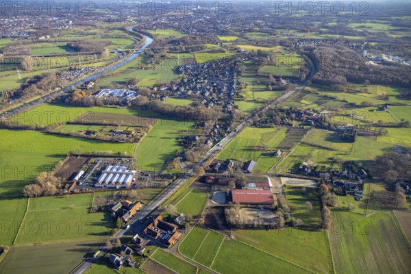Aerial view of the horse boarding stable Schult in the Nierleistraße in Dorsten in the Ruhr area in North Rhine-Westphalia, Germany, DE, Germany, Dorsten, Europe, aerial view, aerial photograph, aerial photography, aerial photography, North Rhine-Westphalia, horses, horse boarding, equestrian sport, riding centre, riding stable, riding club, riding school, riding stable, Ruhr area, overview, bird's eye view, bird's eye view, overview