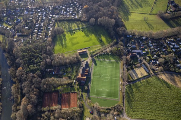 Aerial view of the sports field TUS Gahlen 1912 in Dorsten in the Ruhr area in North Rhine-Westphalia, Germany, DE, Germany, Europe, football field, football stadium, football club, aerial view, aerial photography, aerial photography, North Rhine-Westphalia, Ruhr area, Schermbeck, sport, sports facilities, sports field, sports facility, sports stadium, tennis, tennis facility, tennis courts, tennis club, overview, bird's-eye view, overview