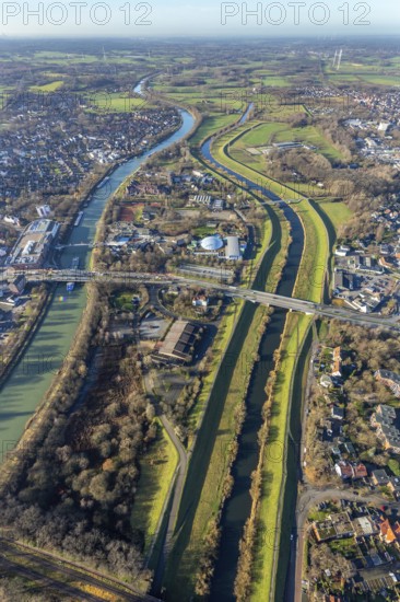 Aerial view Wesel-Datteln-Kanal with river Lippe and Lippeaue and Gymnasium Petrinum and leisure pool Atlantis at the Wesel-Datteln-Kanal in Dorsten in the Ruhr area in North Rhine-Westphalia, Germany, education, educational institution, DE, Germany, Dorsten, Europe, leisure facility, leisure area, leisure pool, leisure activities, leisure park, leisure enjoyment, grammar school, educational institute, aerial view, aerial photograph, aerial photography, aerial photography, North Rhine-Westphalia, Ruhr area, school, overview, bird's-eye view, Wesel-Datteln Canal, birds-eyes view, overview