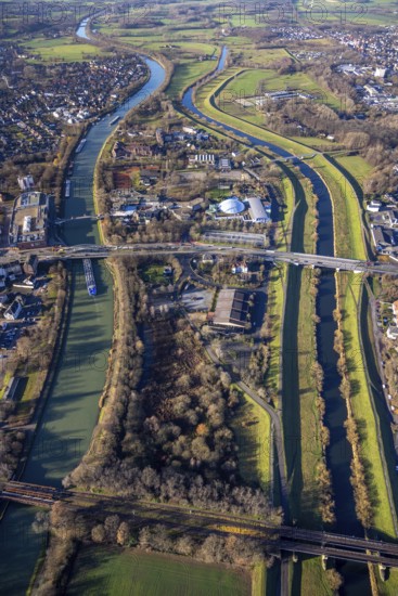 Aerial view Wesel-Datteln-Kanal with river Lippe and Lippeaue and Gymnasium Petrinum and leisure pool Atlantis at the Wesel-Datteln-Kanal in Dorsten in the Ruhr area in North Rhine-Westphalia, Germany, education, educational institution, DE, Germany, Dorsten, Europe, leisure facility, leisure area, leisure pool, leisure activities, leisure park, leisure enjoyment, grammar school, educational institute, aerial view, aerial photograph, aerial photography, aerial photography, North Rhine-Westphalia, Ruhr area, school, overview, bird's-eye view, Wesel-Datteln Canal, birds-eyes view, overview