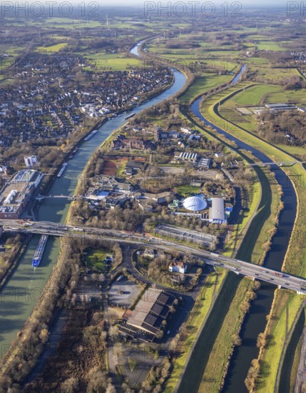 Aerial view Wesel-Datteln-Kanal with river Lippe and Lippeaue and Gymnasium Petrinum and leisure pool Atlantis at the Wesel-Datteln-Kanal in Dorsten in the Ruhr area in North Rhine-Westphalia, Germany, education, educational institution, DE, Germany, Dorsten, Europe, leisure facility, leisure area, leisure pool, leisure activities, leisure park, leisure enjoyment, grammar school, educational institute, aerial view, aerial photograph, aerial photography, aerial photography, North Rhine-Westphalia, Ruhr area, school, overview, bird's-eye view, Wesel-Datteln Canal, birds-eyes view, overview