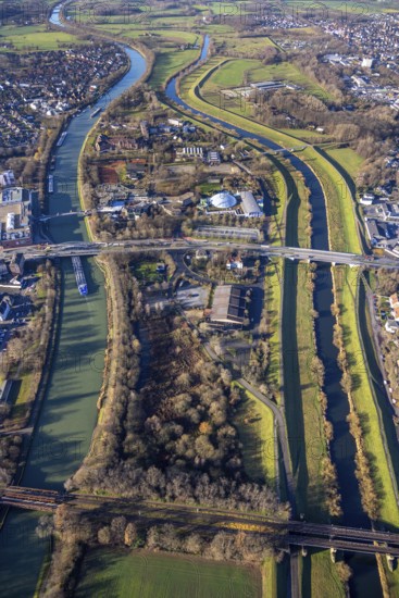 Aerial view Wesel-Datteln-Kanal with river Lippe and Lippeaue and Gymnasium Petrinum and leisure pool Atlantis at the Wesel-Datteln-Kanal in Dorsten in the Ruhr area in North Rhine-Westphalia, Germany, education, educational institution, DE, Germany, Dorsten, Europe, leisure facility, leisure area, leisure pool, leisure activities, leisure park, leisure enjoyment, grammar school, educational institute, aerial view, aerial photograph, aerial photography, aerial photography, North Rhine-Westphalia, Ruhr area, school, overview, bird's-eye view, Wesel-Datteln Canal, birds-eyes view, overview