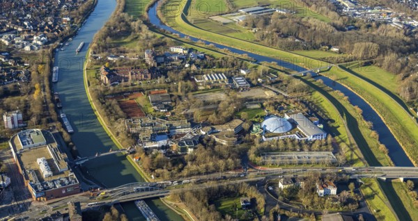 Aerial view Wesel-Datteln-Canal with river Lippe and Lippe floodplain and Gymnasium Petrinum and leisure pool Atlantis at the Wesel-Datteln-Canal in Dorsten in the Ruhr area in North Rhine-Westphalia, Germany, bathing establishment, bathing resort, education, educational institution, DE, Germany, Dorsten, Europe, leisure facility, leisure area, leisure pool, leisure activities, leisure park, leisure enjoyment, grammar school, educational institute, aerial view, aerial photograph, aerial photography, aerial photography, North Rhine-Westphalia, Ruhr area, school, swimming pool, overview, bird's-eye view, Wesel-Datteln Canal, birds-eyes view, overview