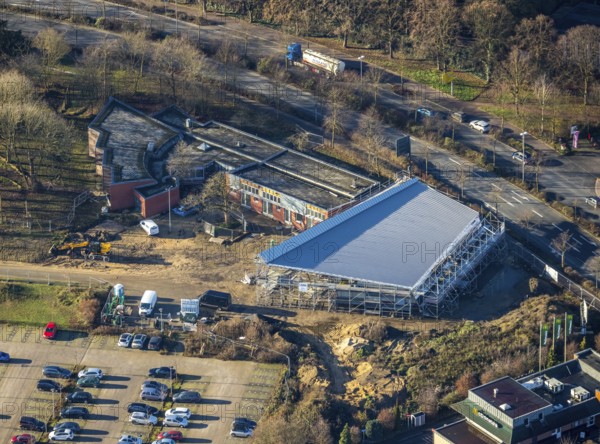 Aerial view of a construction site and new construction of a skate park in Dorsten in the Ruhr area in North Rhine-Westphalia, Germany, construction work, construction, construction area, building site, building plots, construction project, construction site, DE, Germany, Dorsten, Europe, aerial view, aerial photograph, aerial photography, aerial photography, new construction, North Rhine-Westphalia, Ruhr area, skater, overview, bird's eye view, birds-eyes view, overview