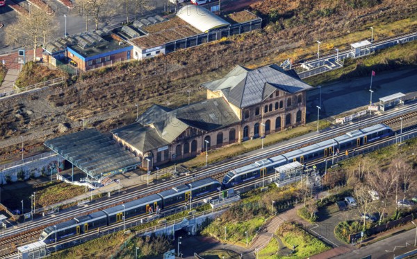 Aerial view of Dorsten railway station in Dorsten in the Ruhr area in North Rhine-Westphalia, Germany, railway tracks, railway station, DE, Deutsche Bahn AG, Germany, Dorsten, Europe, main station, aerial view, aerial photograph, aerial photography, aerial photography, North Rhine-Westphalia, Ruhr area, S-Bahn, overview, Vestische Allee, bird's eye view, birds-eyes view, overview