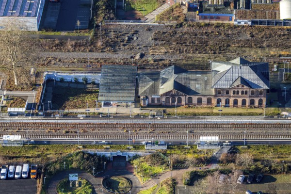 Aerial view of Dorsten railway station in Dorsten in the Ruhr area in North Rhine-Westphalia, Germany, railway tracks, railway station, DE, Deutsche Bahn AG, Germany, Dorsten, Europe, main station, aerial view, aerial photograph, aerial photography, aerial photography, North Rhine-Westphalia, Ruhr area, S-Bahn, overview, Vestische Allee, bird's eye view, birds-eyes view, overview