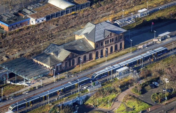 Aerial view of Dorsten railway station in Dorsten in the Ruhr area in North Rhine-Westphalia, Germany, railway tracks, railway station, DE, Deutsche Bahn AG, Germany, Dorsten, Europe, main station, aerial view, aerial photograph, aerial photography, aerial photography, North Rhine-Westphalia, Ruhr area, S-Bahn, overview, Vestische Allee, bird's eye view, birds-eyes view, overview