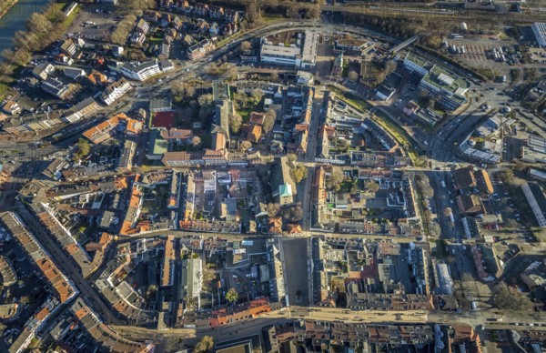 Aerial view of the old town with Grabenstraße and Wallstraße and the catholic church St. Agatha in Dorsten in the Ruhr area in North Rhine-Westphalia, Germany, place of worship, DE, Germany, Dorsten, Europe, religious community, house of worship, property tax, real estate, church, parish, church square, denomination, aerial view, aerial photograph, aerial photography, aerial photography, North Rhine-Westphalia, religion, religious site, Ruhr area, overview, bird's-eye view, residential area, living and life, residential area, residential buildings, quality of life, residential neighbourhood, housing estate, birds-eyes view, overview
