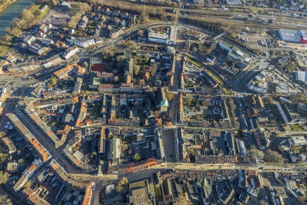Aerial view of the old town with Grabenstraße and Wallstraße and the catholic church St. Agatha in Dorsten in the Ruhr area in North Rhine-Westphalia, Germany, place of worship, DE, Germany, Dorsten, Europe, religious community, house of worship, property tax, real estate, church, parish, church square, denomination, aerial view, aerial photograph, aerial photography, aerial photography, North Rhine-Westphalia, religion, religious site, Ruhr area, overview, bird's-eye view, residential area, living and life, residential area, residential buildings, quality of life, residential neighbourhood, housing estate, birds-eyes view, overview