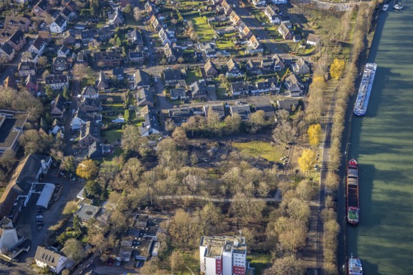 Aerial view of a construction site at the Wesel-Datteln Canal in Dorsten in the Ruhr area in North Rhine-Westphalia, Germany, inland navigation, DE, Germany, Dorsten, Europe, goods transport, goods traffic, cargo ships, logistics, aerial view, aerial photograph, aerial photography, aerial photography, North Rhine-Westphalia, Ruhr area, ship, shipping, shipping traffic, overview, bird's eye view, Wesel-Datteln Canal, birds-eyes view, overview