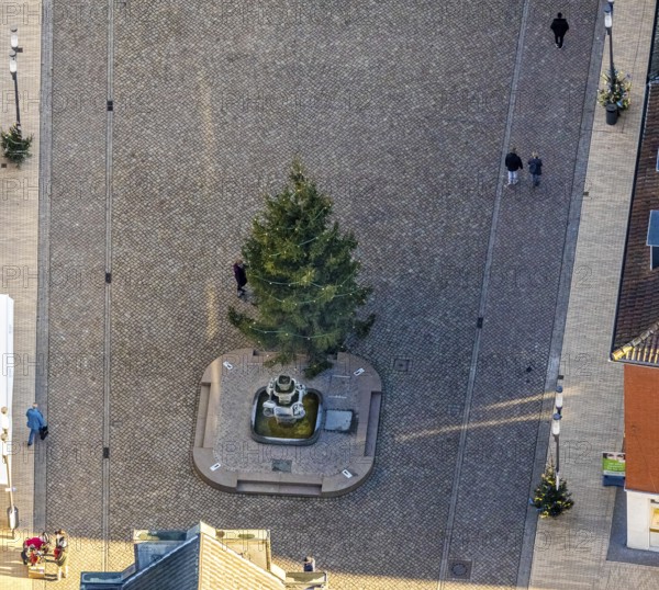 Aerial view of the Stirnberg fountain on the market square with Christmas tree in Dorsten in the Ruhr area in North Rhine-Westphalia, Germany, bronze fountain, fountain, DE, Germany, Dorsten, Europe, aerial view, aerial photograph, aerial photography, aerial photography, North Rhine-Westphalia, Ruhr area, sight, Christmas tree, overview, bird's-eye view, overview