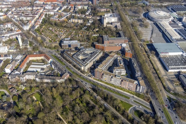 Aerial view, Steigenberger Hotel Dortmund, new building Berswordt-Quartier, multi-family house residential complex, Westfalenhalle, Dortmund, Ruhr area, North Rhine-Westphalia, Germany, DE, Europe, gastronomy, property tax, hotel, hotel facilities, hotel industry, real estate, aerial photography, aerial photography, overview, bird's-eye view, residential complex, living and living, residential buildings, quality of living, residential neighbourhood, birds-eyes view, overview