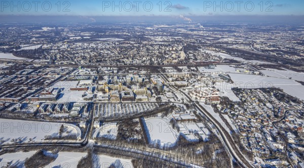 Aerial photo, University of Dortmund, Eichlinghofen, Dortmund, Ruhr area, North Rhine-Westphalia, Germany, education, educational institution, DE, Europe, university, teaching institute, aerial photo, aerial photography, aerial photography, snow, overview, university, bird's-eye view, winter, onset of winter, winter landscape, birds-eyes view, overview