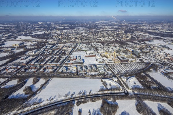 Aerial photo, University of Dortmund, Eichlinghofen, Dortmund, Ruhr area, North Rhine-Westphalia, Germany, education, educational institution, DE, Europe, university, teaching institute, aerial photo, aerial photography, aerial photography, snow, overview, university, bird's-eye view, winter, onset of winter, winter landscape, birds-eyes view, overview