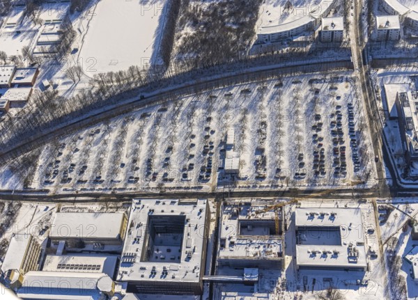Aerial view, University of Dortmund, car parks, Eichlinghofen, Dortmund, Ruhr area, North Rhine-Westphalia, Germany, education, educational institution, DE, Europe, university, teaching institute, aerial photography, aerial photography, aerial photography, snow, overview, university, bird's-eye view, winter, onset of winter, winter landscape, birds-eyes view, overview