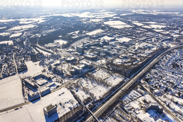 Aerial photo, University of Dortmund, Eichlinghofen, Dortmund, Ruhr area, North Rhine-Westphalia, Germany, education, educational institution, DE, Europe, university, teaching institute, aerial photo, aerial photography, aerial photography, snow, overview, university, bird's-eye view, winter, onset of winter, winter landscape, birds-eyes view, overview