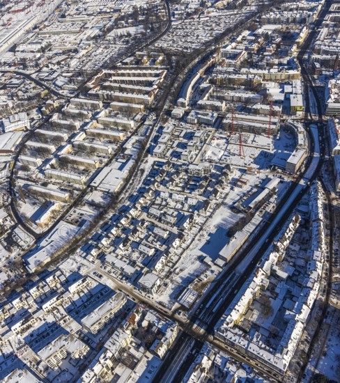 Aerial view, construction site for new Kaiserquartier, Klönnestraße, Kaiserbrunnen, Dortmund, Ruhr area, North Rhine-Westphalia, Germany, construction work, construction area, construction site, building plots, construction project, construction site, DE, Europe, aerial view, aerial photography, aerial photography, new building, snow, overview, bird's-eye view, winter, onset of winter, winter landscape, birds-eyes view, overview