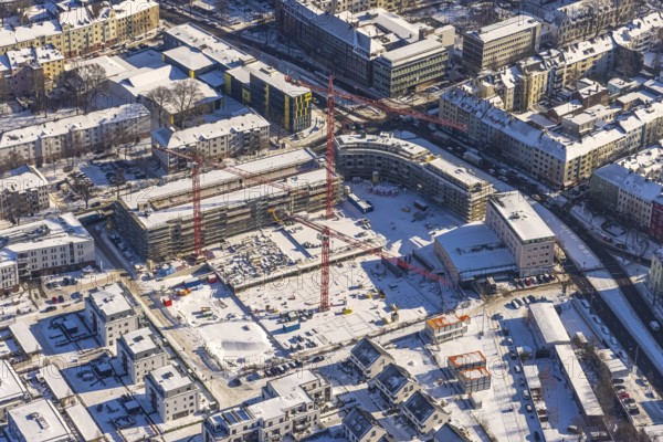 Aerial view, construction site for new Kaiserquartier, Klönnestraße, Kaiserbrunnen, Dortmund, Ruhr area, North Rhine-Westphalia, Germany, construction work, construction area, construction site, building plots, construction project, construction site, DE, Europe, aerial view, aerial photography, aerial photography, new building, snow, overview, bird's-eye view, winter, onset of winter, winter landscape, birds-eyes view, overview