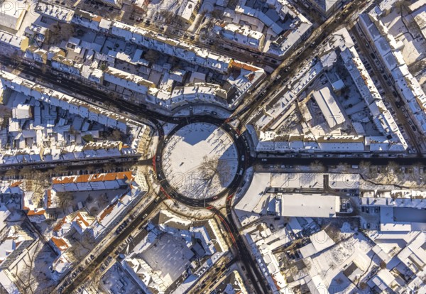 Aerial view, winter at Borsigplatz, Dortmund, Ruhr area, North Rhine-Westphalia, Germany, DE, Europe, roundabout, roundabout, aerial view, aerial photography, aerial photography, snow, overview, bird's-eye view, winter, winter landscape, living and life, residential buildings, birds-eyes view, overview