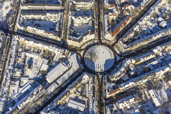 Aerial view, winter at Borsigplatz, Dortmund, Ruhr area, North Rhine-Westphalia, Germany, DE, Europe, roundabout, roundabout, aerial view, aerial photography, aerial photography, snow, overview, bird's-eye view, winter, winter landscape, living and life, residential buildings, birds-eyes view, overview