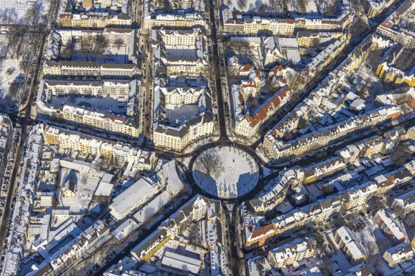 Aerial view, winter at Borsigplatz, Dortmund, Ruhr area, North Rhine-Westphalia, Germany, DE, Europe, roundabout, roundabout, aerial view, aerial photography, aerial photography, snow, overview, bird's-eye view, winter, winter landscape, living and life, residential buildings, birds-eyes view, overview