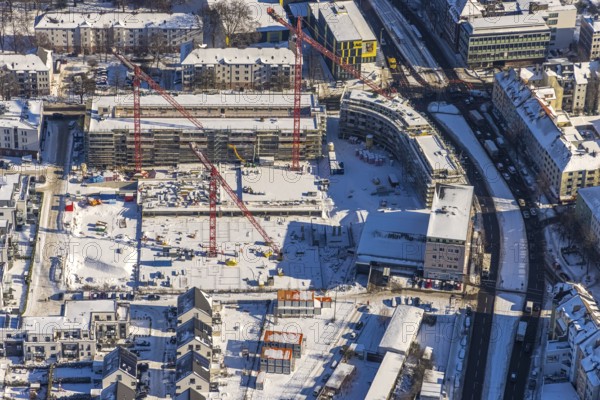 Aerial view, construction site for new Kaiserquartier, Klönnestraße, Kaiserbrunnen, Dortmund, Ruhr area, North Rhine-Westphalia, Germany, construction work, construction area, construction site, building plots, construction project, construction site, DE, Europe, aerial view, aerial photography, aerial photography, new building, snow, overview, bird's-eye view, winter, onset of winter, winter landscape, birds-eyes view, overview